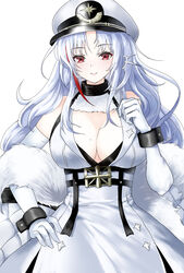  azur_lane bare_shoulders blush breasts cleavage closed_mouth commentary cowboy_shot dress elbow_gloves female fur_trim gloves hand_on_own_hip hand_up hat highres hokkaidonder large_breasts long_hair looking_at_viewer mole mole_on_breast multicolored_hair parted_bangs red_eyes red_hair simple_background smile solo streaked_hair tallinn_(azur_lane) white_background white_dress white_gloves white_hair white_hat 