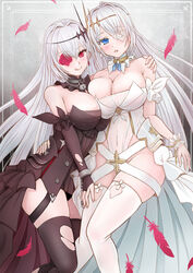  2girls azur_lane bare_shoulders black_dress black_gloves black_legwear blue_eyes blush breasts cleavage closed_mouth collarbone dress dual_persona elbow_gloves emden_(azur_lane) eyepatch feathers feet_out_of_frame flower gloves hair_ornament highres large_breasts licking_lips long_hair looking_at_viewer multiple_girls open_mouth partially_fingerless_gloves red_eyes red_flower red_rose rose sai-go siblings simple_background sisters standing thighhighs tongue tongue_out torn_clothes torn_thighhighs white_dress white_flower white_hair white_rose white_thighhighs 