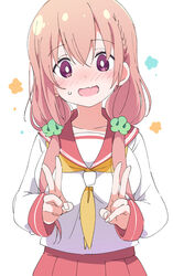  blush breasts bright_pupils commentary_request double_v female hinako_note ixy large_breasts long_hair long_sleeves looking_at_viewer low_twintails neckerchief open_mouth pink_hair purple_eyes red_sailor_collar red_skirt sailor_collar sakuragi_hinako school_uniform serafuku skirt solo twintails v wavy_mouth white_background white_pupils yellow_neckerchief 