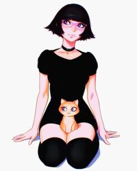  animal_on_lap black_dress black_hair black_thighhighs cat_on_lap choker commentary_request dress facing_viewer feline female glasses heart heart_choker highres ilya_kuvshinov lisa_(ilya_kuvshinov) looking_to_the_side on_lap original purple-framed_eyewear purple_eyes seiza short_hair sitting solo thighhighs white_background 