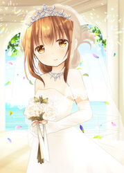  bouquet bridal_veil bride brown_eyes brown_hair commentary_request cowboy_shot dress elbow_gloves female flower folded_ponytail gloves holding holding_bouquet inazuma_(kancolle) kantai_collection long_hair looking_at_viewer narita_rumi solo standing strapless strapless_dress tiara veil wedding_dress white_dress white_gloves 