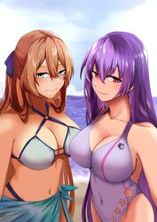  2girls beach blue_ribbon blush breasts brown_hair cleavage cowboy_shot english_commentary girls&#039;_frontline green_eyes groin hair_between_eyes highres horizon large_breasts long_hair looking_at_viewer multiple_girls navel ocean official_alternate_costume one-piece_swimsuit outdoors purple_hair raised_eyebrows red_eyes reizo_ne ribbon sarong smile springfield_(girls&#039;_frontline) springfield_(stirring_mermaid)_(girls&#039;_frontline) swimsuit very_long_hair water zb-26_(girls&#039;_frontline) zb-26_(nook_of_ephemeral_dreams)_(girls&#039;_frontline) 