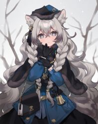  animal_ear_fluff animal_ears arknights bad_id bad_pixiv_id bag bare_tree bell black_gloves black_skirt blue_jacket blush braid commentary cowboy_shot female gloves grey_background grey_eyes grey_hair hair_between_eyes handbag hands_up hat highres jacket juju_(jelly_fever) leopard_ears long_hair long_sleeves looking_at_viewer official_alternate_costume pramanix_(arknights) pramanix_(caster&#039;s_frost)_(arknights) skirt solo tree twin_braids very_long_hair 