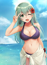  bikini breasts cleavage closed_eyes cloud collarbone commentary_request cowboy_shot day female flower green_eyes green_hair hair_between_eyes hair_flower hair_ornament highres kantai_collection kodama_(mmt_uf) large_breasts long_hair looking_at_viewer navel ocean one_eye_closed open_mouth outdoors purple_bikini red_flower sarong smile solo suzuya_(kancolle) swimsuit v white_sarong 