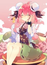  ^_^ ahoge bandaged_arm bandages brown_ribbon brown_tabard bun_cover closed_eyes commentary dango double_bun eating female floral_print flower food green_skirt hair_bun hair_ribbon heart highres holding holding_food ibaraki_kasen leaf medium_hair nikorashi-ka petals pink_flower pink_hair pink_rose pudding puffy_short_sleeves puffy_sleeves ribbon rose shirt short_sleeves sitting skirt solo tabard touhou wagashi white_shirt 