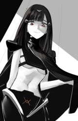  adeline_(girls&#039;_frontline) bad_id bad_pixiv_id black_hair blunt_bangs breasts cizzi clothes_lift female girls&#039;_frontline heart heart-shaped_pupils highres long_hair monochrome navel nyto_(generic)_(girls&#039;_frontline) nyto_(girls&#039;_frontline) paradeus scapular sideboob smile solo spot_color symbol-shaped_pupils underboob very_long_hair 