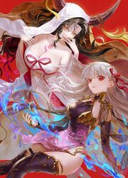  2girls armlet armor bikini_armor black_hair blonde_hair breasts chest_tattoo circlet cleavage collar commentary daeraeband dress earrings facial_mark fate/grand_order fate_(series) flower forehead_mark forehead_tattoo gradient_hair hair_ribbon highres horn_ornament horn_ring horns jewelry kama_(fate) kama_(second_ascension)_(fate) light_smile looking_at_viewer lotus metal_collar multicolored_hair multiple_girls navel parted_lips pelvic_curtain pink_ribbon purple_dress purple_sleeves purple_thighhighs red_eyes ribbon ring sessyoin_kiara tattoo thighhighs thighlet white_hair 