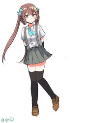  absurdres arm_warmers asagumo_(kancolle) ascot blue_ascot brown_hair collared_shirt dress_shirt female full_body grey_eyes grey_skirt hair_ribbon highres kantai_collection long_hair looking_at_viewer one-hour_drawing_challenge plaid_ascot ribbon robinson_(day_l_full) school_uniform shirt simple_background skirt solo standing suspender_skirt suspenders twintails white_background white_shirt 