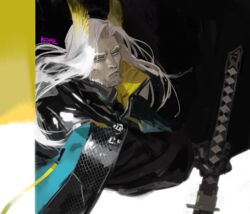  1boy animal_ears arknights artist_name bad_id bad_pixiv_id beard black_gloves facial_hair frischenq gloves hair_wings hellagur_(arknights) holding holding_sword holding_weapon jacket long_hair male_focus moustache sword upper_body weapon white_hair yellow_eyes 