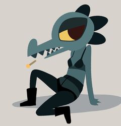  alligator alligatorid anthro bea_santello boots bra clothing crocodilian dr._pizza_boi female footwear hi_res legwear lingerie night_in_the_woods pantyhose reptile scalie sharp_teeth smoking solo teeth underwear yellow_sclera 