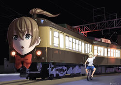  2girls :o alternate_costume bicycle blonde_hair blue_eyes blue_shorts bow bowtie breasts brown_hair censored colorado_(kancolle) enoden_bicycle_bro_(meme) enoshima_electric_railway garrison_cap grey_headwear hair_between_eyes hat highres kantai_collection kumano_(kancolle) large_breasts long_hair meme misumi_(niku-kyu) multiple_girls night open_mouth outdoors ponytail red_bow red_bowtie riding riding_bicycle shirt short_hair short_sleeves shorts train twitter_username white_shirt 