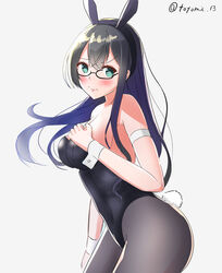  alternate_breast_size animal_ears aqua_eyes black-framed_eyewear black_hair black_leotard black_pantyhose blush breasts cowboy_shot fake_animal_ears fake_tail female glasses grey_background hair_between_eyes kantai_collection large_breasts leotard long_hair one-hour_drawing_challenge ooyodo_(kancolle) pantyhose playboy_bunny rabbit rabbit_ears rabbit_tail simple_background solo strapless strapless_leotard tail toyomi_13 twitter_username wrist_cuffs 