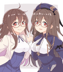  2girls anchor_earrings azur_lane beret breast_cutout breasts brown_hair center_frills character_name clone dress earrings framed_breasts frills glasses gloves hat highres jacket jewelry london_(azur_lane) london_(retrofit)_(azur_lane) long_hair looking_at_viewer medium_breasts multiple_girls open_clothes open_jacket puffy_sleeves purple_dress purple_headwear red-framed_eyewear red_eyes semi-rimless_eyewear shirt sleeveless sleeveless_shirt smile upper_body white_gloves white_shirt yuki_shizuku 