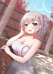  alternate_hairstyle asymmetrical_bangs bath blurry blurry_background blush braid braided_bangs breasts cleavage collarbone dutch_angle earrings female grey_hair highres hisakawa_hayate idolmaster idolmaster_cinderella_girls jewelry kaishinshi large_breasts lens_flare naked_towel ofuro outdoors partially_submerged reflection reflective_water smile solo sparkle towel water_drop 