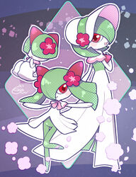  3girls arms_up artist_name blunt_bangs blush blush_stickers bob_cut bonnet capelet closed_mouth clothed_pokemon colored_skin commentary_request diamond_(shape) evolutionary_line flat_chest flower from_behind full_body gardevoir gardevoir_(fashionable) green_hair green_skin hair_flower hair_ornament hair_over_eyes hair_over_one_eye hand_up happy hat hat_flower highres kirlia knees_together_feet_apart kozuo long_hair looking_at_viewer looking_back multicolored_skin multiple_girls outline outstretched_arms pink_trim pokemon pokemon_(creature) pokemon_unite purple_background ralts red_eyes red_flower short_hair signature smile standing standing_on_one_leg two-tone_skin white_capelet white_headwear white_outline white_skin 