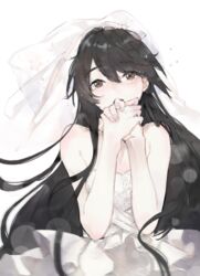  black_hair blush brown_eyes commentary_request dress female hair_between_eyes haruna_(kancolle) kantai_collection long_hair neko_(ganecooo) open_mouth own_hands_together simple_background sleeveless sleeveless_dress solo tears twitter_username veil wedding_dress white_background white_dress 