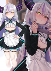  :3 absurdres alternate_costume apron blush braid breasts female grey_hair hand_on_own_hip highres hololive horns la+_darknesss long_hair looking_at_viewer multicolored_hair pointy_ears purple_hair sherryqq small_breasts smile thighhighs two-tone_hair very_long_hair virtual_youtuber white_thighhighs 