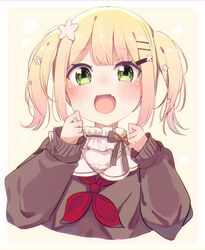  :d absurdres blonde_hair blush brown_sweater commentary_request cropped_torso female flower green_eyes hair_flower hair_ornament hairclip hands_up highres hololive long_sleeves looking_at_viewer medium_hair momosuzu_nene momosuzu_nene_(casual) neckerchief oerba_yun_fang official_alternate_costume official_alternate_hair_length official_alternate_hairstyle okota_mikan puffy_long_sleeves puffy_sleeves red_neckerchief shirt sleeves_past_wrists smile solo sweater twintails upper_body virtual_youtuber white_flower white_shirt 