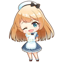  apron blonde_hair blue_eyes chibi cup dress female frilled_apron frills full_body gloves green_eyes hat holding holding_cup holding_saucer jervis_(kancolle) kantai_collection mary_janes one_eye_closed open_mouth royal_navy sailor_dress sailor_hat saucer shiromaru_(maniado) shoes white_background white_gloves 