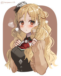  ascot blush braid breasts brown_cardigan brown_eyes cardigan cropped_torso female hair_bun hat hatomaru_(hatomaru56) kantai_collection long_hair long_sleeves looking_at_viewer medium_breasts mini_hat one-hour_drawing_challenge parted_lips red_ascot side_braid simple_background single_side_bun solo twitter_username two-tone_background upper_body zara_(kancolle) 