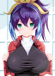  alternate_breast_size black_shirt blush breasts calcio cleavage female green_eyes hair_between_eyes highres jacket large_breasts light_purple_hair looking_at_viewer multicolored_hair open_clothes open_jacket ponytail purple_hair red_jacket ribbon serena_(yu-gi-oh!) shirt smile streaked_hair sunlight white_shirt yellow_ribbon yu-gi-oh! yu-gi-oh!_arc-v 