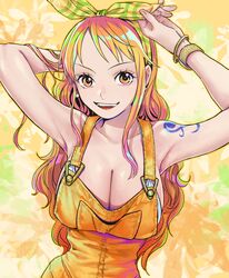  absurdres arm_behind_head armpits bare_shoulders bow breasts cleavage commentary dress female hairbow highres large_breasts long_hair looking_at_viewer nami_(one_piece) official_alternate_costume one_piece one_piece:_stampede open_mouth orange_eyes orange_hair solo tattoo teeth urasanmyaku 