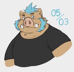  anthro blue_hair brown_body brown_fur clothing facial_hair fur ganglie_(tas) hair half-length_portrait hi_res lifewonders male mammal pig_nose portrait shirt solo suid suina sus_(pig) t-shirt tokyo_afterschool_summoners topwear tusks whitebeast20 wild_boar 