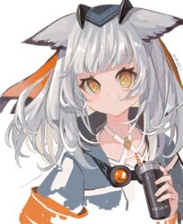  amuri animal_ears arknights artist_name big_hair blush bright_pupils collared_jacket drinking_straw female goggles goggles_around_neck grey-framed_eyewear grey_hair grey_jacket hair_between_eyes hair_ribbon holding jacket layered_clothes looking_at_viewer medium_hair open_clothes open_jacket orange-tinted_eyewear orange_eyes orange_ribbon popped_collar ptilopsis_(arknights) ribbon sidelocks signature simple_background sleeve_cuffs solo split_mouth tinted_eyewear upper_body white_background white_pupils 