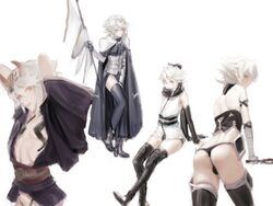  1boy armor ass black_bow boots bow bulge cape closed_mouth contrapposto corrin_(fire_emblem) corrin_(male)_(fire_emblem) corset cosplay crossdressing fate/grand_order fate_(series) fire_emblem fire_emblem_fates fire_emblem_heroes from_behind hairbow headpiece highres horns jack_the_ripper_(fate/apocrypha) jack_the_ripper_(fate/apocrypha)_(cosplay) japanese_clothes jeanne_d&#039;arc_(fate) jeanne_d&#039;arc_(ruler)_(fate) jeanne_d&#039;arc_(ruler)_(fate)_(cosplay) looking_at_viewer male_focus multiple_views okita_souji_(fate) okita_souji_(koha-ace) okita_souji_(koha-ace)_(cosplay) open_mouth red_eyes samsara_(shuukeura) shoulder_blades shuten_douji_(fate) shuten_douji_(fate)_(cosplay) smile standard_bearer testicles thigh_boots thighhighs white_hair 