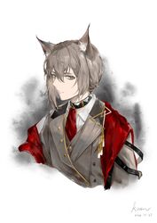  1boy absurdres animal_ear_fluff animal_ears arknights black_choker black_jacket cat_ears choker cropped_torso dated grey_hair hair_between_eyes highres jacket kongwuming looking_at_viewer male_focus official_alternate_costume phantom_(arknights) phantom_(dream_within_a_dreammare)_(arknights) shirt short_hair signature solo upper_body white_background white_shirt yellow_eyes 