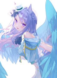  animal_ears armor ascot blush breasts corset cropped_jacket feathered_wings female floating_hair hat highres horse_ears horse_girl horse_tail littleamber long_hair long_sleeves looking_at_viewer looking_to_the_side medium_breasts mejiro_mcqueen_(end_of_sky)_(umamusume) mejiro_mcqueen_(umamusume) midriff mini_hat mini_top_hat official_alternate_costume open_mouth puffy_short_sleeves puffy_sleeves purple_eyes purple_hair shirt short_sleeves shorts shoulder_armor solo tail top_hat umamusume white_shirt white_shorts wings 