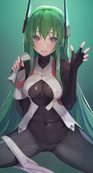  black_bodysuit black_gloves blush bodysuit breasts commentary_request covered_navel female fingerless_gloves gloves green_hair headgear highres holding long_hair looking_at_viewer medium_breasts menou_kaname_(taishi) original parted_lips purple_eyes shorts shorts_around_one_leg sidelocks sitting skin_tight smile solo spread_legs straight_hair taishi_(picchiridou) very_long_hair white_shorts 