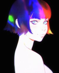  bare_shoulders black_background blonde_hair blue_eyes blue_hair blunt_bangs bob_cut breasts commentary female from_side green_hair highres ilya_kuvshinov light_smile looking_at_viewer looking_to_the_side multicolored_hair nude original pale_skin purple_hair rainbow_hair red_hair short_hair sideboob simple_background solo upper_body 