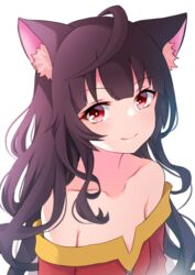  ahoge alternate_hair_length alternate_hairstyle animal_ear_fluff animal_ears bare_shoulders blush brown_hair cat_ears closed_mouth collarbone commentary_request curly_hair dress female flat_chest highres kono_subarashii_sekai_ni_shukufuku_wo! long_hair megumin off-shoulder_dress off_shoulder red_dress red_eyes shiny_skin simple_background smile solo upper_body white_background yasehattagi 