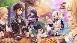  3boys 3girls adeptus&#039;_temptation_(genshin_impact) aether_(genshin_impact) ahoge black_gloves black_hair blonde_hair blue_hair blunt_bangs blush bottle braid breasts brown_eyes brown_hair chopsticks cleavage closed_eyes crystal_shrimp_(genshin_impact) cup dango day dress drinking drooling drunk earrings flower food food_request fountain genshin_impact gloves golden_shrimp_balls_(genshin_impact) gradient_hair green_headwear hair_between_eyes hair_ornament halo hat highres holding holding_chopsticks holding_cup jacket jade_parcels_(genshin_impact) japanese_clothes jewelry long_hair long_sleeves lumine_(genshin_impact) mouth_drool multicolored_hair multiple_boys multiple_girls obi omelet omelette_rice_(genshin_impact) omurice onigiri open_mouth outdoors paimon_(genshin_impact) pancake plate purple_hair raiden_shogun romper sanshoku_dango sash shirase_(shirose) side_braids sidelocks single_earring smile sweat sweet_madame_(genshin_impact) table tuna_sushi_(genshin_impact) venti_(genshin_impact) wagashi white_dress white_flower white_hair white_romper wolfhook_juice_(genshin_impact) zhongli_(genshin_impact) 