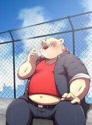  2020 anthro bear belly bottomwear clothed clothing eyewear glasses hi_res humanoid_hands i_0rai kemono leib_(tas) lifewonders male mammal open_clothing open_shirt open_topwear outside overweight overweight_anthro overweight_male pants polar_bear shirt sitting solo tokyo_afterschool_summoners topwear ursine 