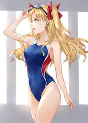  :d asle bare_shoulders blonde_hair blue_one-piece_swimsuit blush breasts collarbone commentary_request competition_swimsuit covered_navel earrings ereshkigal_(fate) fate/grand_order fate_(series) female hair_ribbon highleg highleg_swimsuit hoop_earrings jewelry long_hair looking_away looking_to_the_side medium_breasts one-piece_swimsuit open_mouth parted_bangs profile red_eyes ribbon smile solo swimsuit thighs two_side_up 