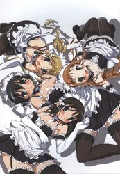  4girls apron bare_shoulders between_legs black_hair black_thighhighs blonde_hair blue_eyes blush breasts brown_eyes cleavage detached_collar dress drop_shadow elbow_gloves flat_chest frills garter_straps gloves hand_between_legs kore_ga_watashi_no_goshujin-sama kuramachi_anna large_breasts long_hair looking_at_viewer lying maid maid_apron maid_headdress medium_breasts multiple_girls nakabayashi_yoshitaka&#039;s_maid_uniform non-web_source official_art on_back open_mouth orange_hair sawatari_izumi sawatari_karin sawatari_mitsuki short_hair siblings sisters sleeveless sleeveless_dress small_breasts spaghetti_strap strappy_heels thighhighs twintails waist_apron white_apron white_gloves zettai_ryouiki 