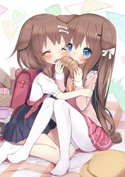  2girls aged_down alternate_costume animal_ears arashiya azur_lane backpack bag black_skirt blanket blue_eyes blush bone_hair_ornament bow bread brown_hair cartoon_bone cheek-to-cheek cheek_poking closed_eyes commission commissioner_upload cookie croissant crossover cup dog_ears dog_girl dog_tail ear-to-ear eating face-to-face food full_body fumizuki_(azur_lane) hair_ornament hairbow hairclip hat heads_together hololive hug inugami_korone kindergarten_uniform knees_up lolicon long_hair low_twintails multiple_girls no_shoes outdoors pantyhose picnic picnic_basket pink_shirt pink_skirt pixiv_commission plate poking randoseru ribbon school_hat school_uniform serafuku shirt short_hair short_sleeves sitting skirt socks suspender_skirt suspenders tail teacup trait_connection twintails unworn_headwear virtual_youtuber white_footwear white_pantyhose white_shirt white_socks yellow_headwear 