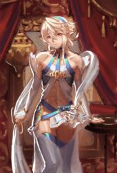  1boy abs arm_support bare_shoulders collarbone corrin_(fire_emblem) corrin_(male)_(adrift)_(fire_emblem) corrin_(male)_(fire_emblem) crossdressing curtains detached_sleeves fire_emblem fire_emblem_fates fire_emblem_heroes frills halterneck highres looking_at_viewer male_focus navel otoko_no_ko red_eyes samsara_(shuukeura) see-through short_hair smile solo veil 