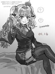  ? @_@ arm_at_side blunt_bangs blush buttons collared_shirt cross cross_earrings cross_print crown dated dress earrings feet_out_of_frame female frilled_dress frilled_sleeves frills futaba_sana garter_straps gloves greyscale grin hair_ribbon hand_up highres holding holding_whip jacket jewelry lapels layered_sleeves long_sleeves magia_record:_mahou_shoujo_madoka_magica_gaiden mahou_shoujo_madoka_magica medium_hair mini_crown monochrome neckerchief nervous_smile print_neckerchief ribbon shirt short_dress sidelocks sitting smile solo speech_bubble spoken_question_mark sweat thighhighs totte twintails twitter_username wavy_hair 