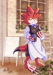  anthro apron bandai_namco betelgammamon bow_tie butler cafe claws clothing digimon digimon_(species) digimon_ghost_game horn male red_body solo vfcou yellow_eyes 