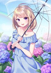  ahoge akamatsu_kaede alternate_costume bangs banned_artist bare_shoulders blonde_hair blue_dress blue_flower collarbone danganronpa dress eyebrows_visible_through_hair female floral_background flower highres holding holding_umbrella long_hair looking_at_viewer musical_note musical_note_hair_ornament nabekokoa new_danganronpa_v3 open_mouth pink_flower purple_eyes repost_notice short_sleeves smile solo transparent transparent_umbrella two-tone_dress umbrella upper_teeth white_dress 