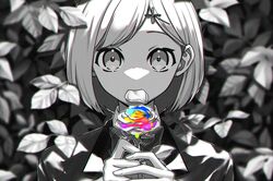  blurry bob_cut bow bowtie dappled_sunlight depth_of_field female fingernails flower habataki_academy_school_uniform hair_ornament hairclip hands_up holding holding_flower jacket leaf looking_at_viewer matumanda monochrome mouth_hold own_hands_together paint petals portrait protagonist_(tokimemo_gs4) school_uniform short_hair solo spot_color straight-on sunlight swept_bangs tokimeki_memorial tokimeki_memorial_girl&#039;s_side_4th_heart 