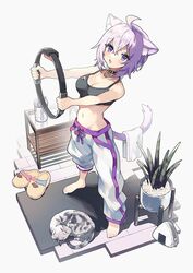  adapted_costume ahoge animal_ear_fluff animal_ears bag barefoot black_choker black_sports_bra blush bottle breasts cat_ears cat_girl cat_tail choker collar commentary_request feline female full_body hair_between_eyes holding holding_towel holding_with_tail hololive joy-con looking_at_viewer medium_breasts navel negiyan nekomata_okayu nekomata_okayu_(1st_costume) open_mouth pants plant prehensile_tail purple_eyes purple_hair ring-con ring_fit_adventure slippers sports_bra stomach table tail temari_(nekomata_okayu) towel track_pants unworn_slippers vase virtual_youtuber water_bottle white_pants 