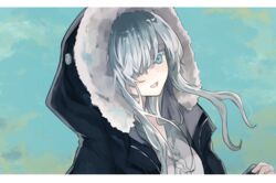  :d alternate_costume anastasia_(fate) anastasia_(under_the_same_sky)_(fate) blue_eyes blush braid colored_eyelashes commentary_request eyelashes fate/grand_order fate_(series) female fur_trim grey_hair hair_over_one_eye highres hood hoodie long_hair looking_at_viewer mochiosamu_ron open_mouth shirt sky smile solo white_shirt 