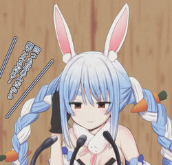  :| absurdres animal_ear_fluff animal_ears bare_shoulders black_gloves blue_hair blurry blurry_background carrot_hair_ornament closed_mouth commentary_request depth_of_field don-chan_(usada_pekora) extra_ears female food-themed_hair_ornament gloves hair_ornament hand_on_own_ear hand_up highres hololive jitome long_hair mamerakkkkko microphone multicolored_hair nonomura_ryuutarou parody rabbit_ears rabbit_girl red_eyes scarf solo translated twintails two-tone_hair upper_body usada_pekora usada_pekora_(1st_costume) virtual_youtuber white_hair 