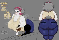  ambiguous_gender anthro apology ass beverage beware_the_shadowcatcher big_breasts big_butt blue_bottomwear blue_clothing blue_pants bodily_fluids bottomwear bovid breasts caprine cleavage clothed clothing coffee container cup curlers dark_eyeshadow dialogue duo english_text eyewear female front_view fur glasses grey_background grey_hair hair holding_beverage holding_object huge_breasts huge_butt lalawolf mammal mature_anthro mature_female maude_(bts) motion_lines multiple_poses open_mouth pants pose rear_view round_glasses sheep simple_background slightly_chubby steam sweat sweatdrop talking_to_another text thick_thighs topwear white_body white_fur wide_hips yellow_clothing yellow_eyes yellow_topwear zed_technician_games 