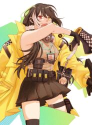  bad_id bad_pixiv_id belt bike_shorts bike_shorts_under_skirt black_gloves black_hair black_shorts black_skirt brown_sweater_vest commentary_request commission feet_out_of_frame female girls&#039;_frontline gloves gun heterochromia holding holding_gun holding_megaphone holding_weapon jacket long_hair looking_at_viewer mask mask_around_neck megaphone multicolored_hair open_clothes open_jacket open_mouth rabb_horn red_eyes respirator ro635_(girls&#039;_frontline) ro635_(mod3)_(girls&#039;_frontline) shorts simple_background skeb_commission skirt solo standing sweater_vest weapon yellow_eyes yellow_jacket 