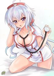  ahoge artist_name ass_visible_through_thighs blush bra breasts cleavage collarbone commentary_request female hat large_breasts long_hair looking_at_viewer nurse nurse_cap open_mouth r-binon red_bra senki_zesshou_symphogear shiny_skin simple_background solo stethoscope underwear white_background white_hair yukine_chris 